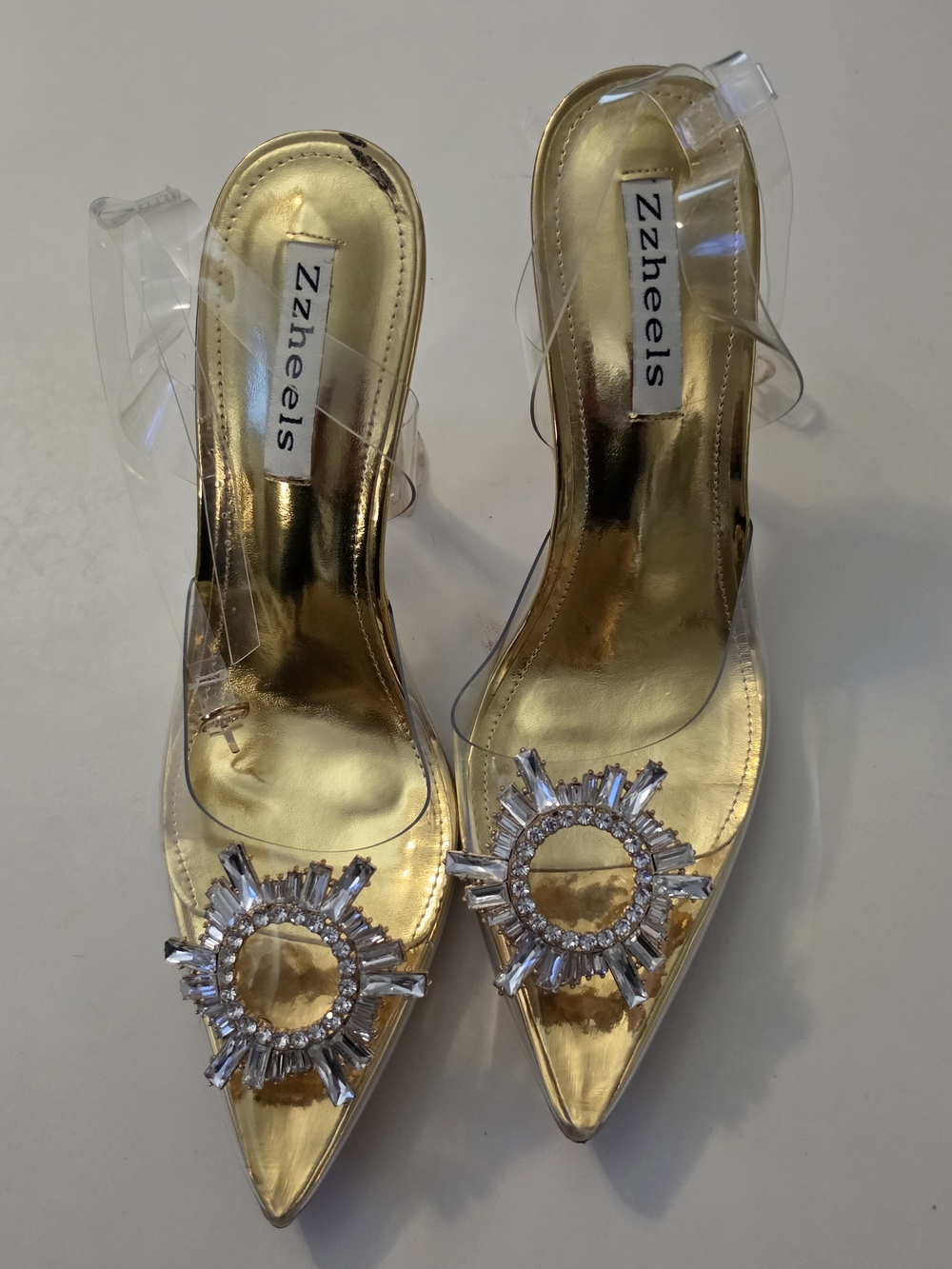 Women's Gold Pointed Heels with Clear Straps and Crystal Medallions
